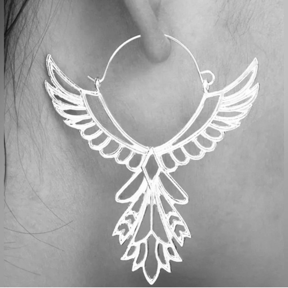Free People Jewelry - “Thunderbird” Phoenix Silver Guardian Angel Festival Native American Wing Hoops